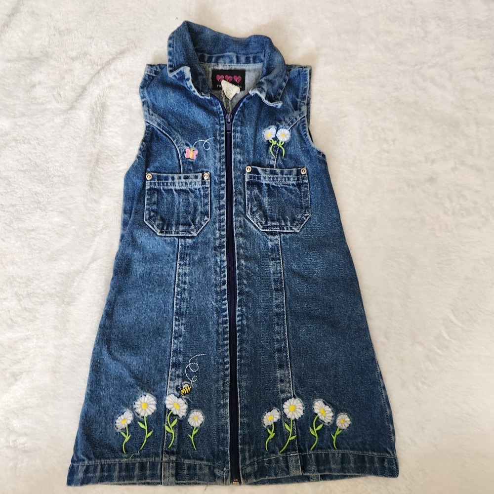 Vintage‎ Denim Dress Floral Embroidered Full Zip Girls Sz 5/6